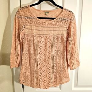 Lucky Brand Blouse Tunic Top 3/4 Sleeve Lace Crochet Pullover Pink Size Small
